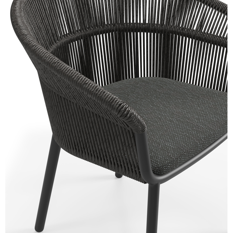 Matera stapelbare tuinstoel in zwart aluminium en zwart gedraaide ronde wicker met kussen in sky black weather+ softtouch