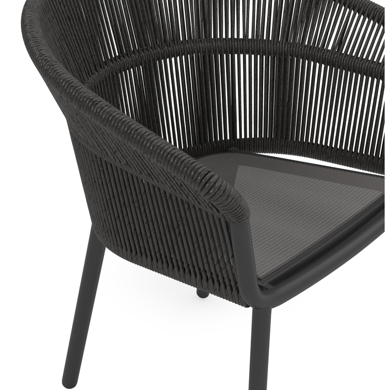 Matera stapelbare tuinstoel in zwart aluminium en zwart gedraaide ronde wicker met kussen in sky black weather+ softtouch