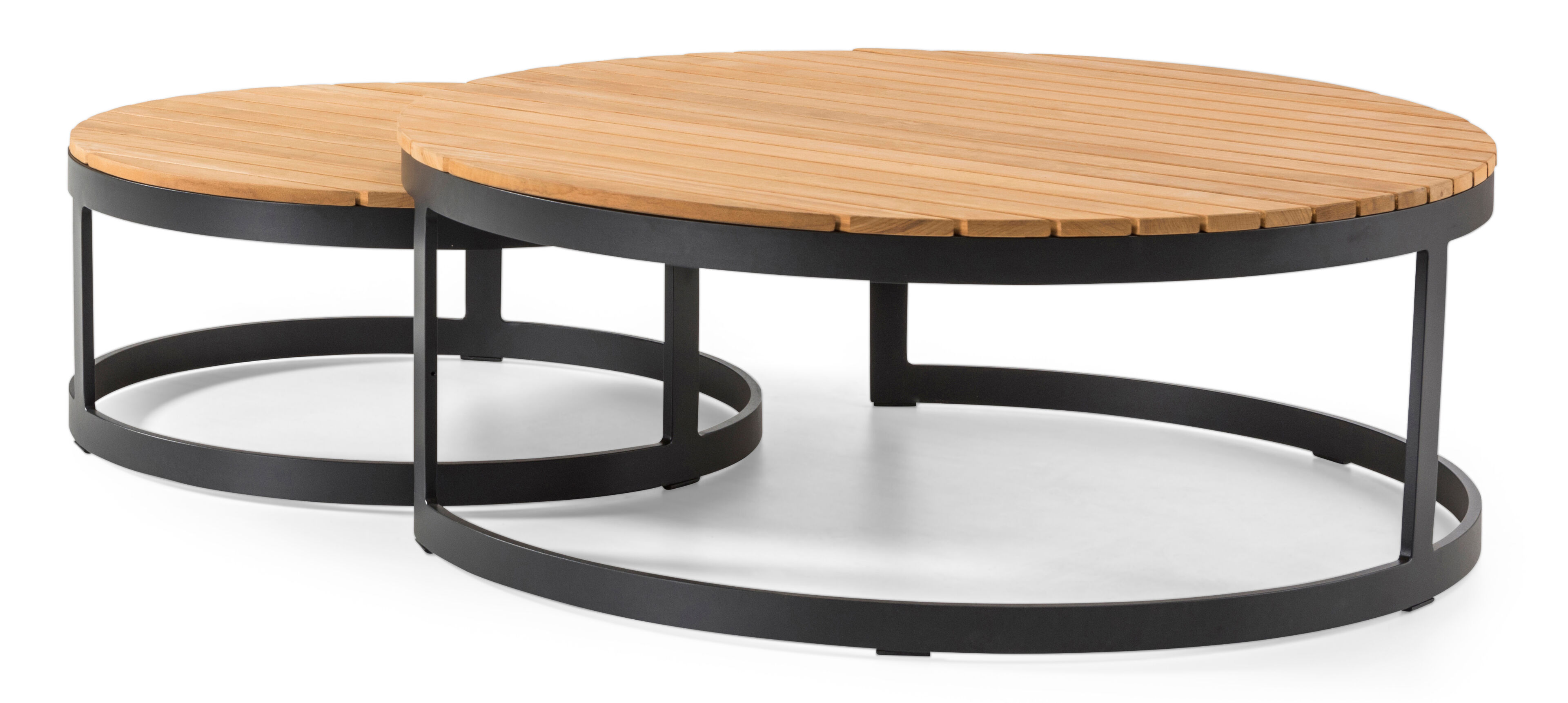 Enna loungetafels in zwart aluminium en teak - Tafel 1 Dia. 70 x H 30 cm Tafel 2 Dia. 100 x H 37 cm