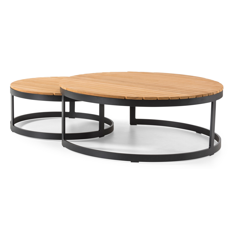 Tables basses Enna en aluminium noir et teck - Table 1 Diam. 70 x Haut. 30 cm Table 2 Diam. 100 x Haut. 37 cm