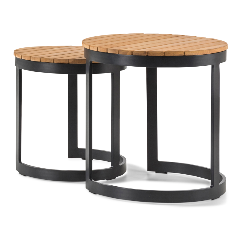Enna bijzettafels in zwart aluminium en teak - Dia. 44 x H 46 cm