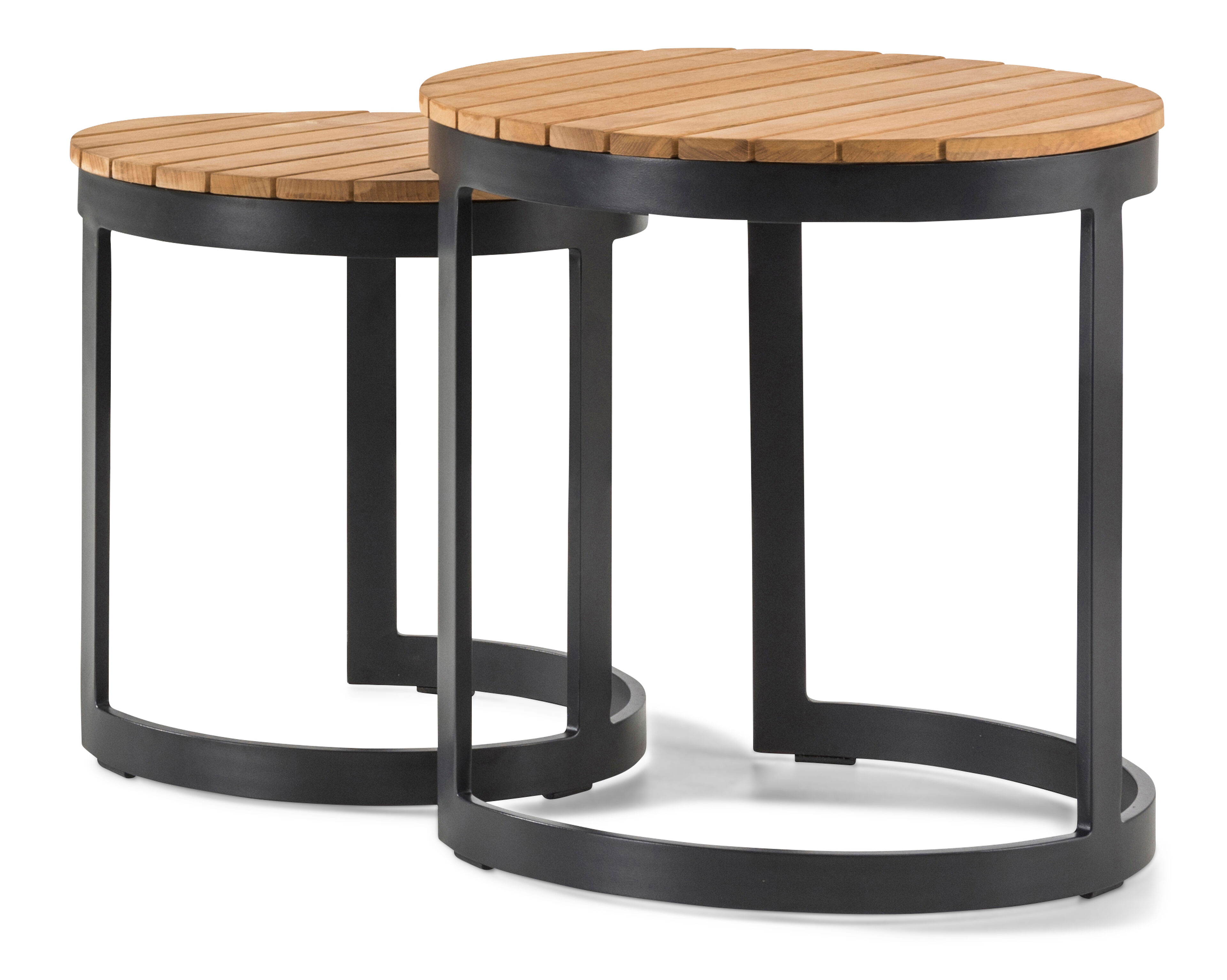 Tables d'appoint Enna en aluminium noir et teck - Diam. 44 x Haut. 46 cm