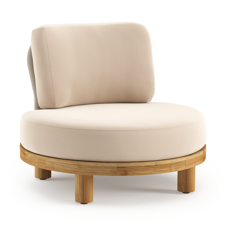 Fauteuil de jardin Donato en teck et corde ronde tissée verticalement beige et coussins en all weather sunbrella® luxe Natte Linen Chalk