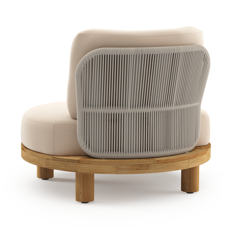 Fauteuil de jardin Donato en teck et corde ronde tissée verticalement beige et coussins en all weather sunbrella® luxe Natte Linen Chalk