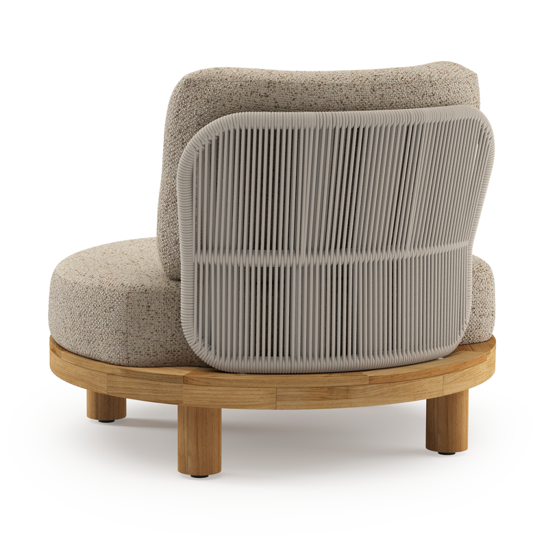 Donato loungestoel in teak en beige verticaal geweven ronde rope met all weather cosytica Bora Jungle kussen