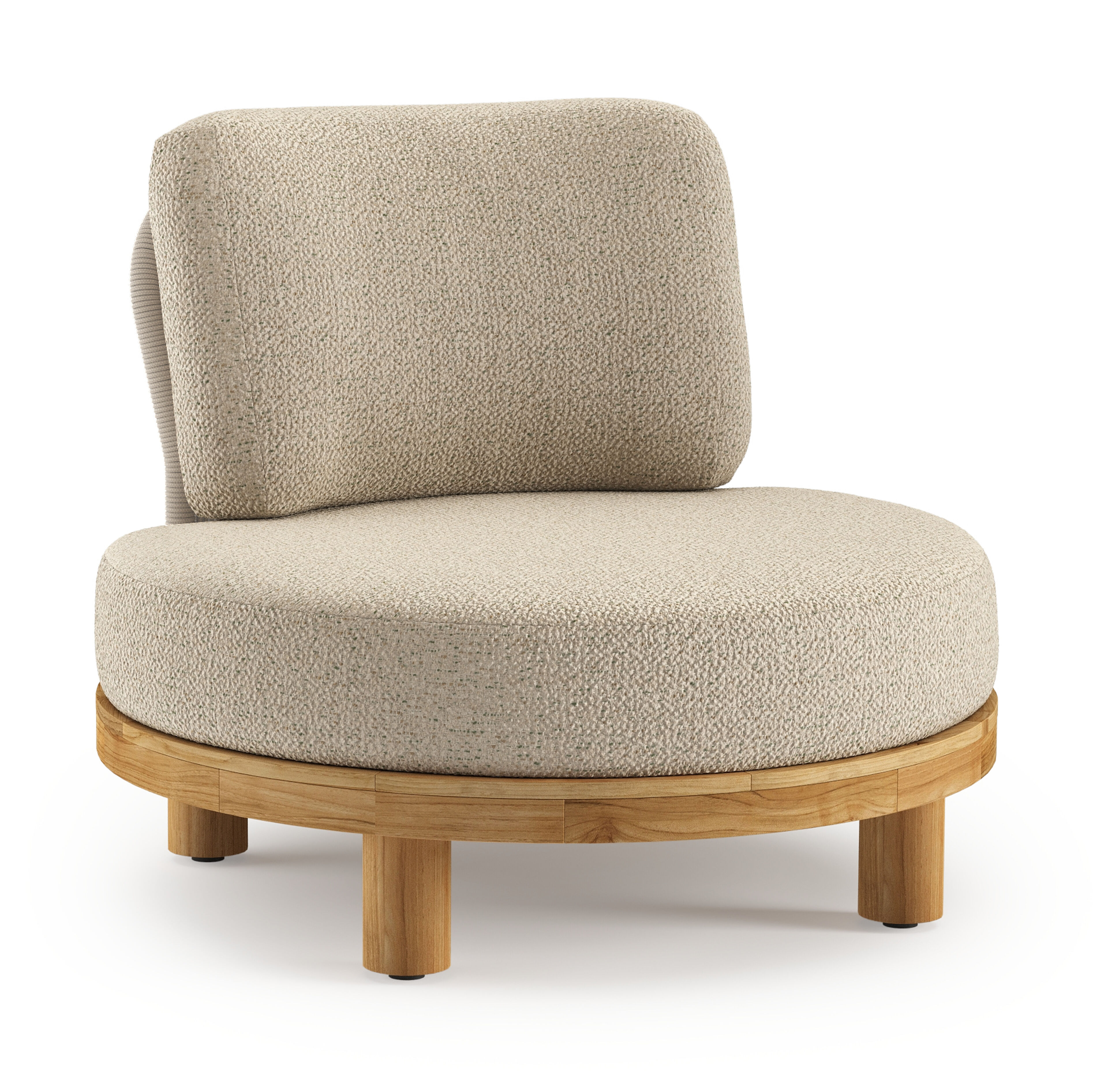 Donato loungestoel in teak en beige verticaal geweven ronde rope met all weather cosytica Bora Forest kussen