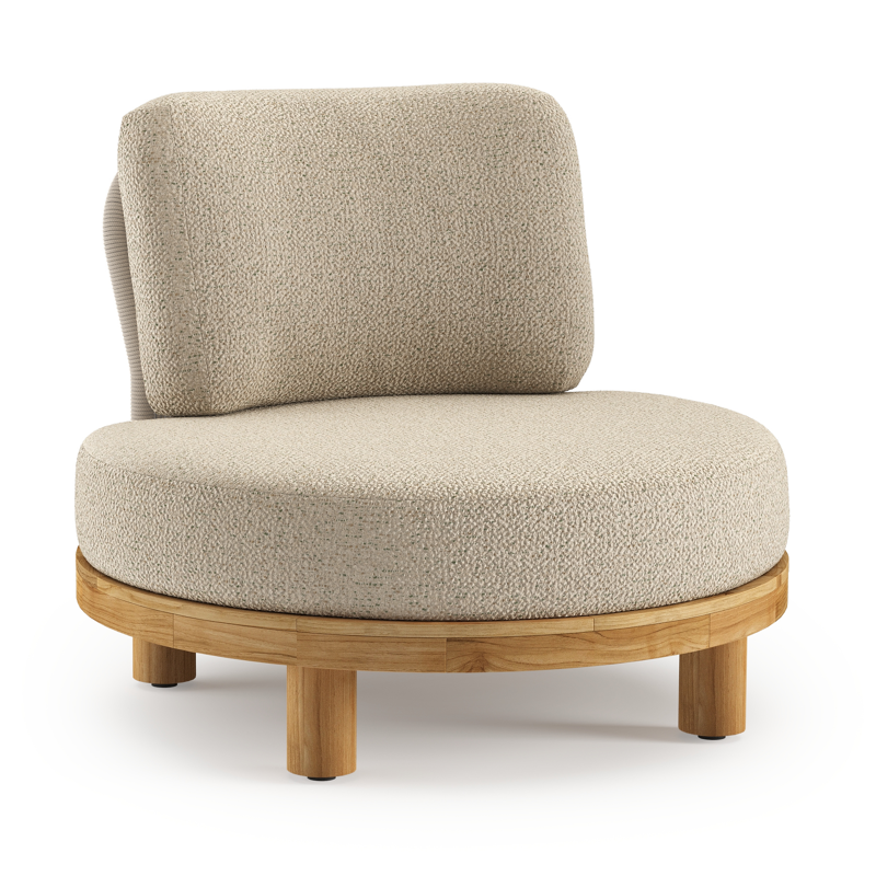 Donato loungestoel in teak en beige verticaal geweven ronde rope met all weather cosytica Bora Forest kussen