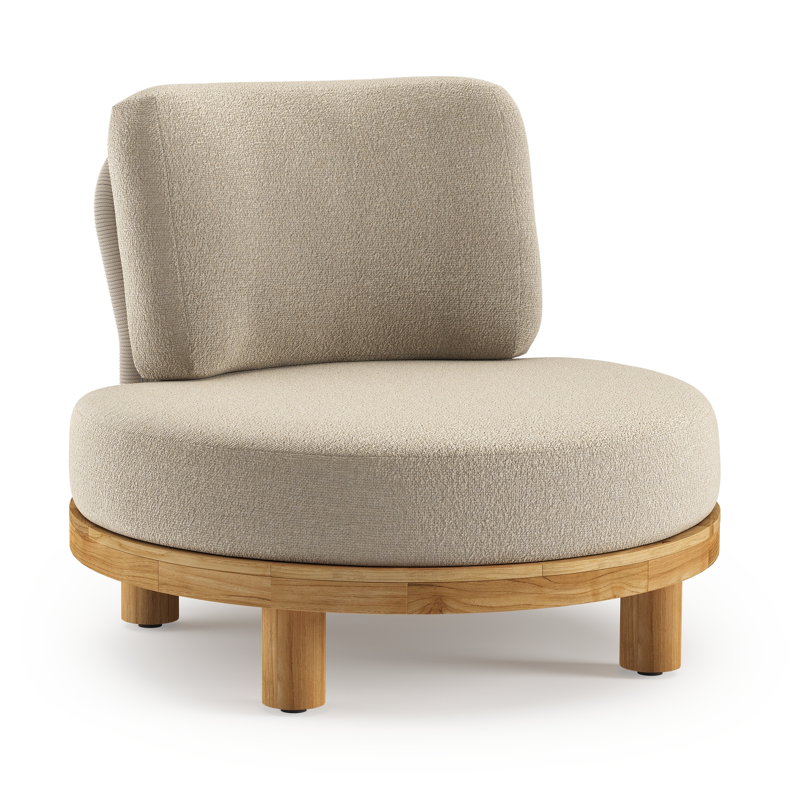 Donato loungestoel in teak en beige verticaal geweven ronde rope met all weather cosytica Marbella Sand kussen