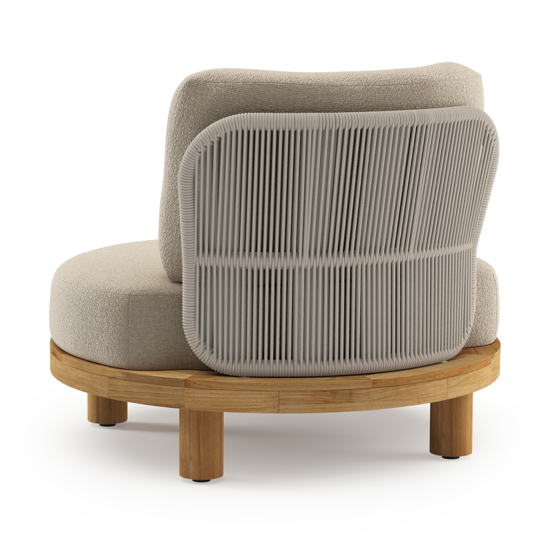 Donato loungestoel in teak en beige verticaal geweven ronde rope met all weather cosytica Marbella Sand kussen