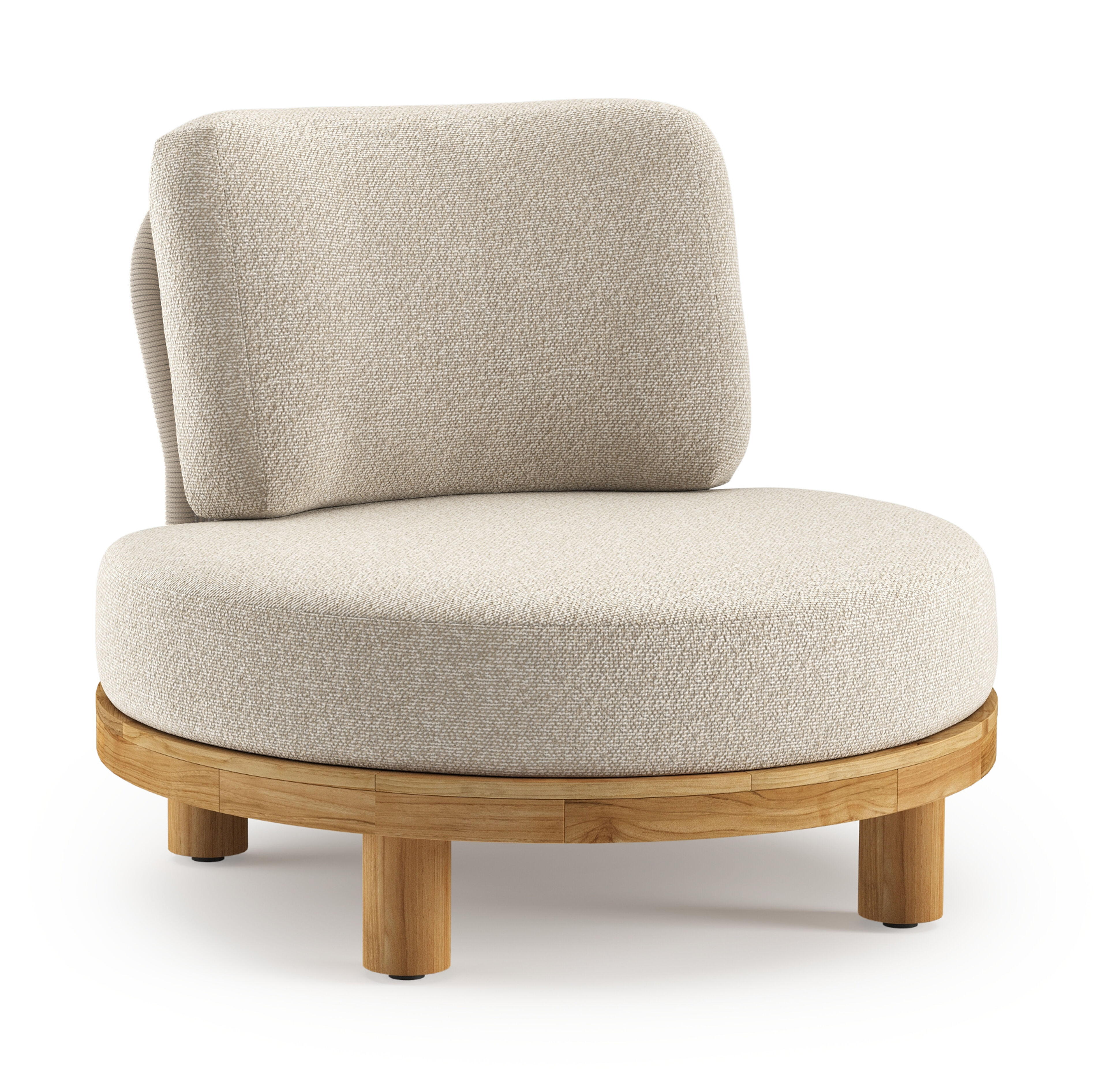 Donato loungestoel in teak en beige verticaal geweven ronde rope met marbella ecru all weather cosytica kussen
