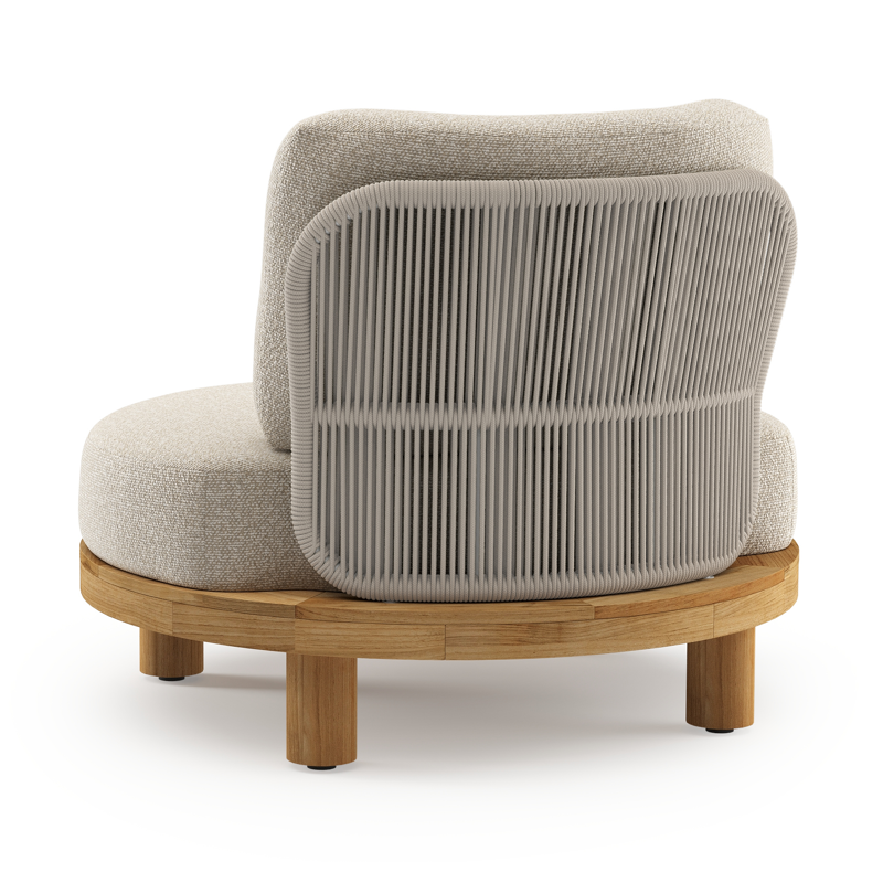Donato loungestoel in teak en beige verticaal geweven ronde rope met marbella ecru all weather cosytica kussen