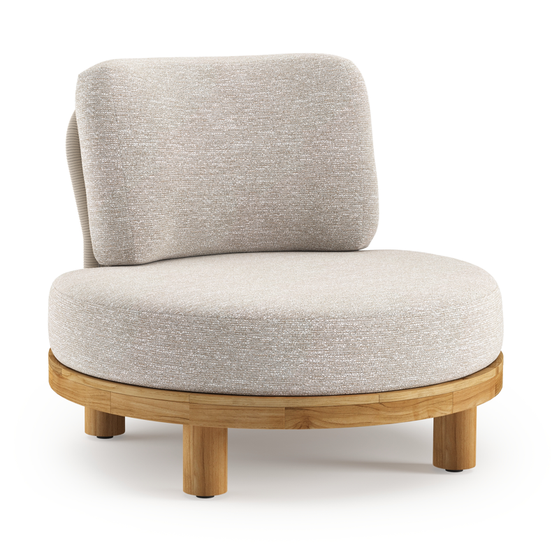 Fauteuil de jardin Donato en teck et corde ronde tissée verticalement beige et coussins en all weather sunbrella® luxe Tundra Sand