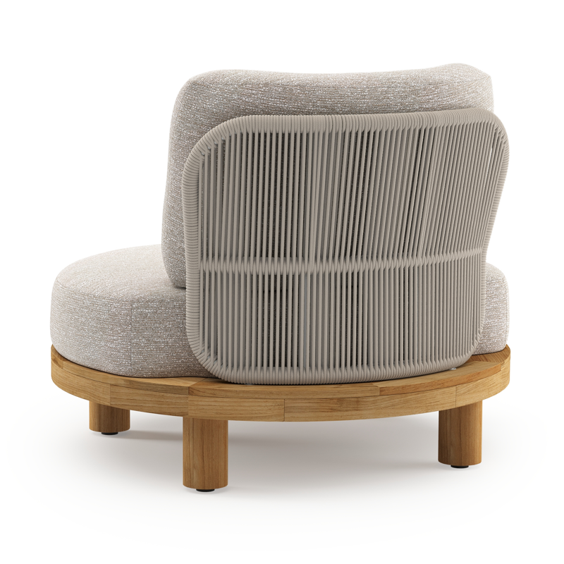 Fauteuil de jardin Donato en teck et corde ronde tissée verticalement beige et coussins en all weather sunbrella® luxe Tundra Sand