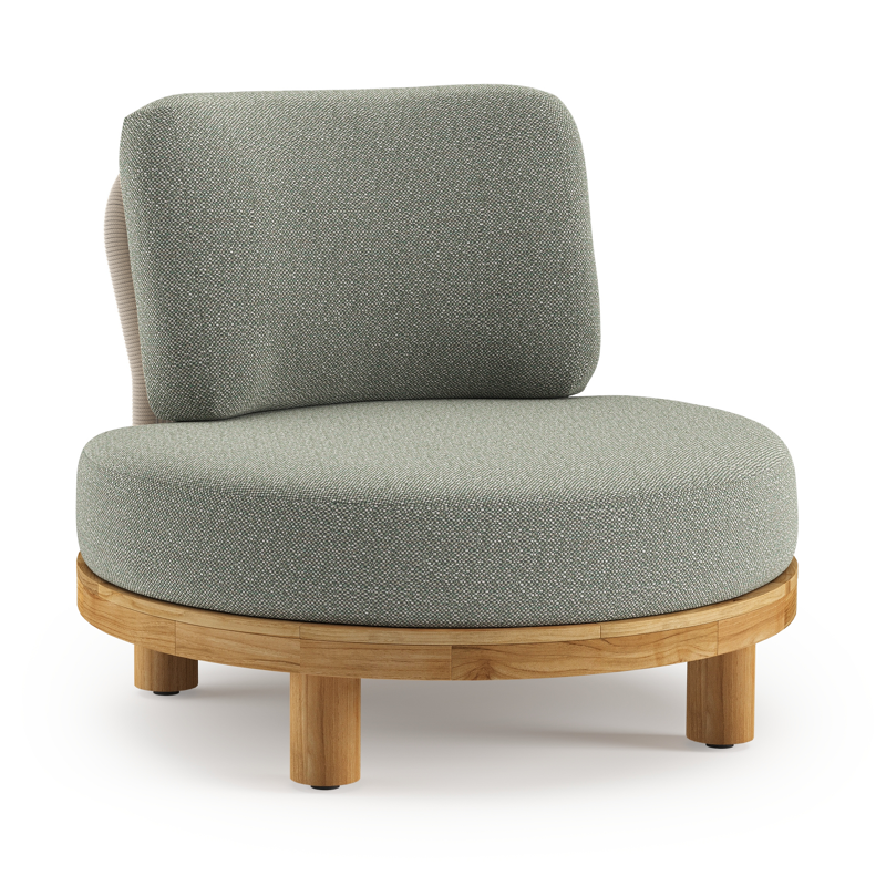 Donato loungestoel in teak en beige verticaal geweven ronde rope met all weather sunbrella® luxe Savane Leaf kussen