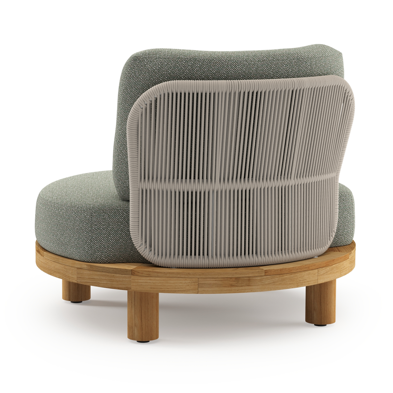 Donato loungestoel in teak en beige verticaal geweven ronde rope met all weather sunbrella® luxe Savane Leaf kussen