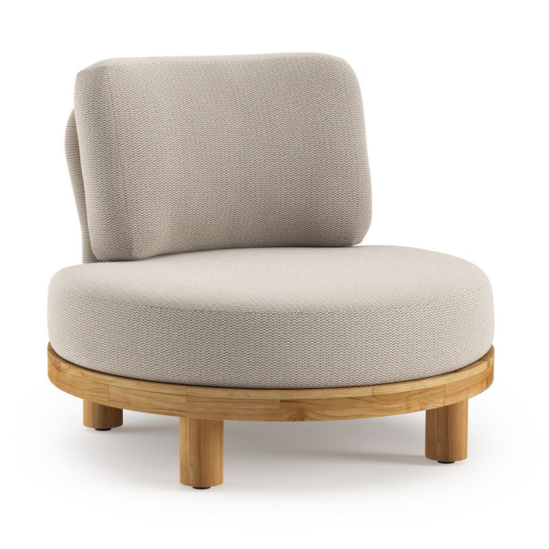 Fauteuil de jardin Donato en teck et corde ronde tissée verticalement beige et coussins en all weather sunbrella® luxe Lopi Fossil