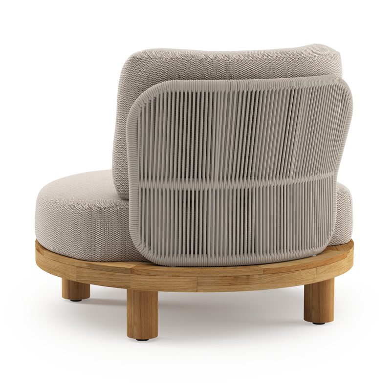 Fauteuil de jardin Donato en teck et corde ronde tissée verticalement beige et coussins en all weather sunbrella® luxe Lopi Fossil
