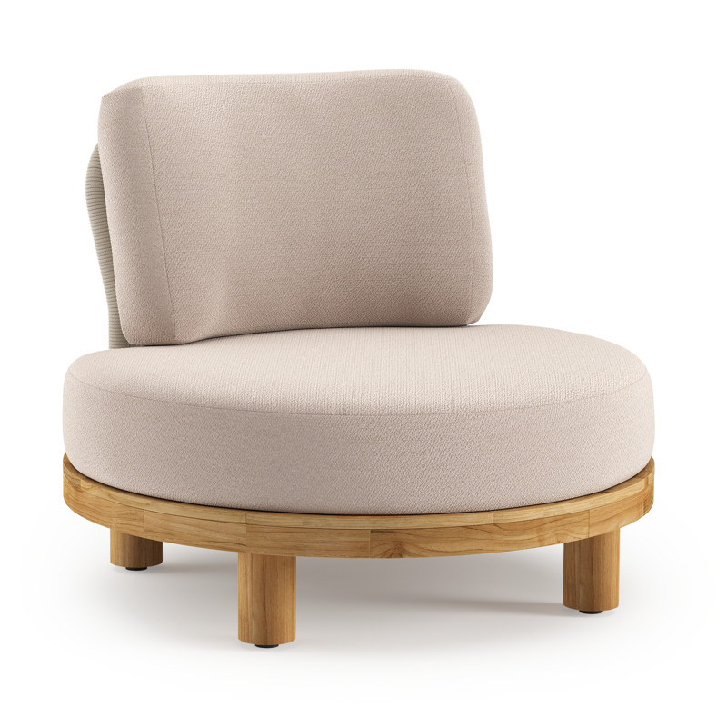 Donato loungestoel in teak en beige verticaal geweven ronde rope met all weather sunbrella® luxe Wander Pilat kussen