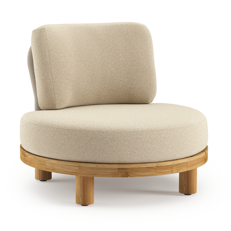 Fauteuil de jardin Donato en teck et corde ronde tissée verticalement beige et coussins en all weather solica Soul Papyrus