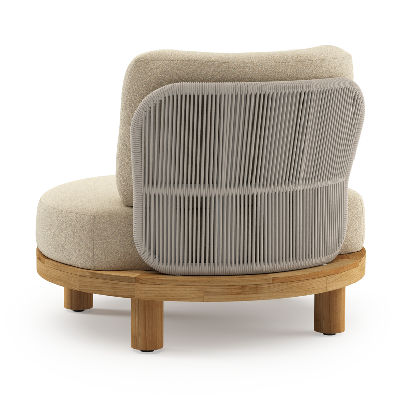 Fauteuil de jardin Donato en teck et corde ronde tissée verticalement beige et coussins en all weather solica Soul Papyrus