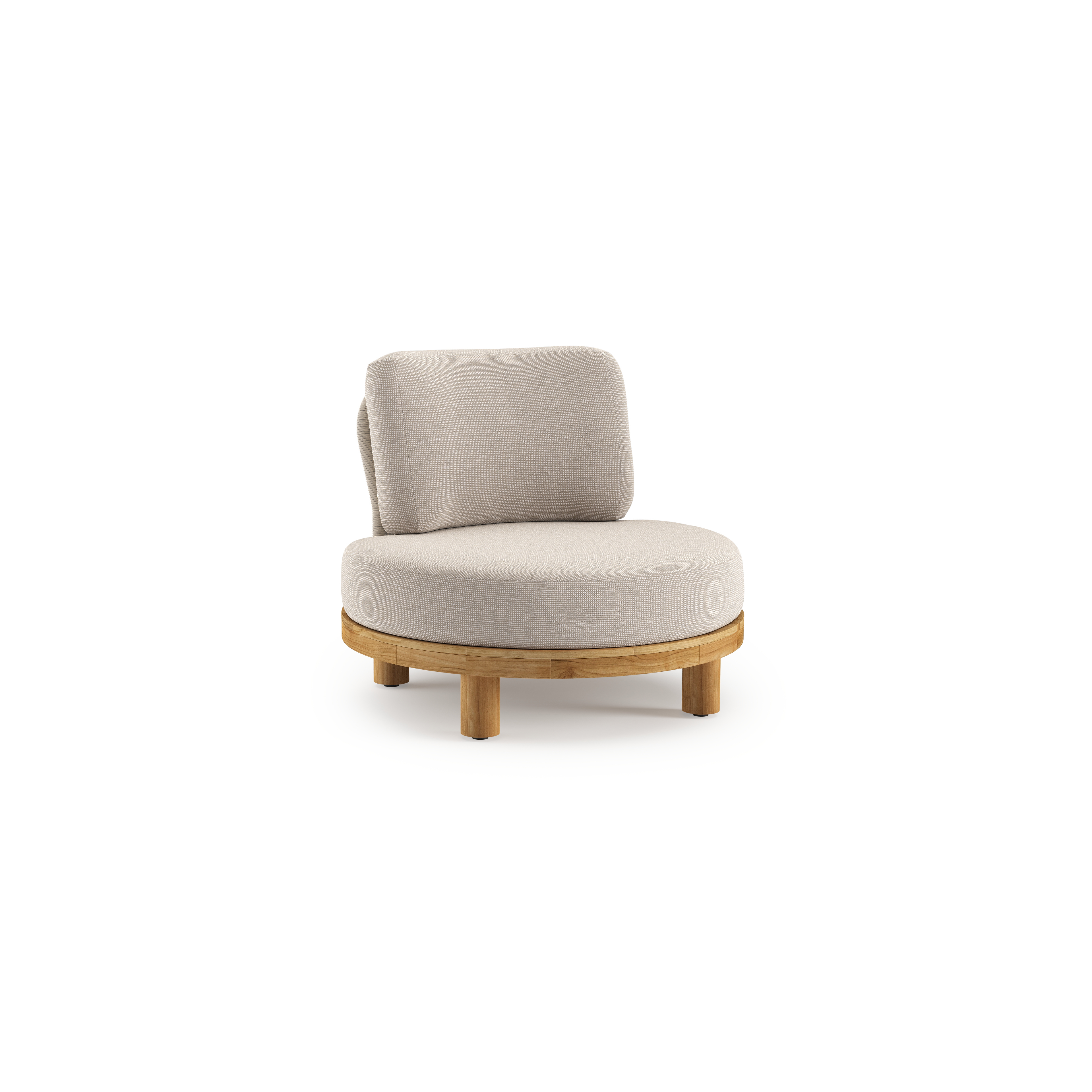 Donato loungestoel in teak en beige verticaal geweven ronde rope met all weather sunbrella® luxe Slow Farafra kussen