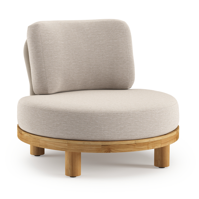 Donato loungestoel in teak en beige verticaal geweven ronde rope met all weather sunbrella® luxe Slow Farafra kussen