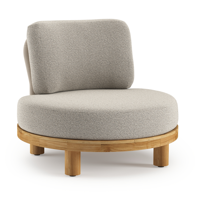Donato loungestoel in teak en beige verticaal geweven ronde rope met all weather solica Firenze Sand kussen