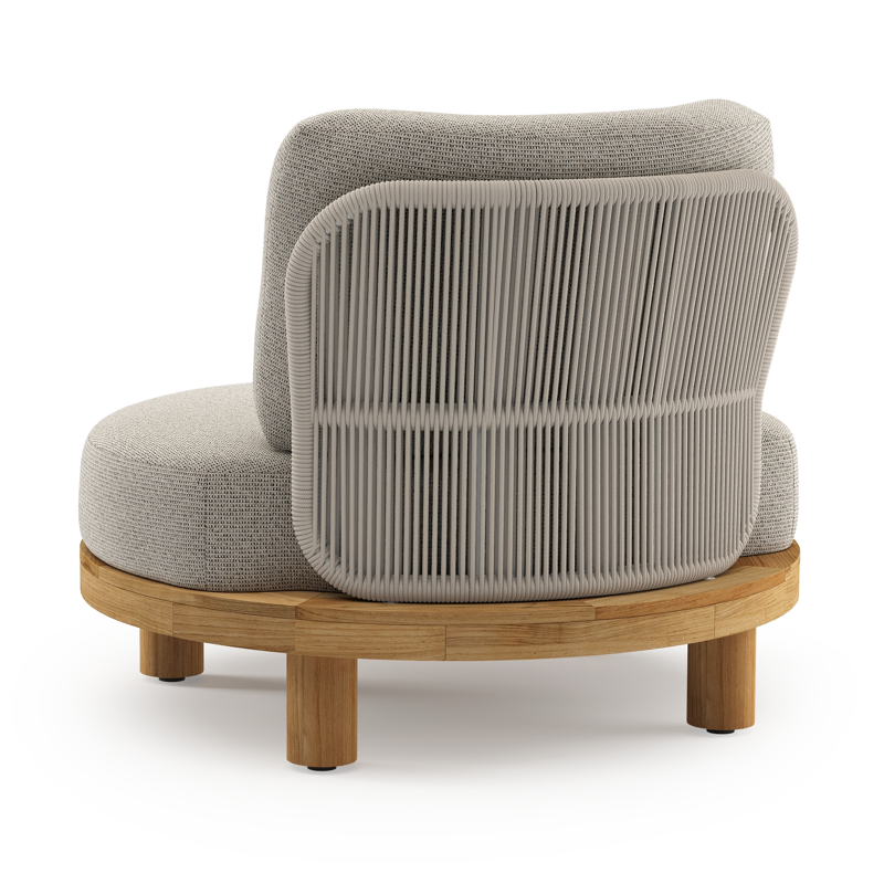 Donato loungestoel in teak en beige verticaal geweven ronde rope met all weather solica Firenze Sand kussen