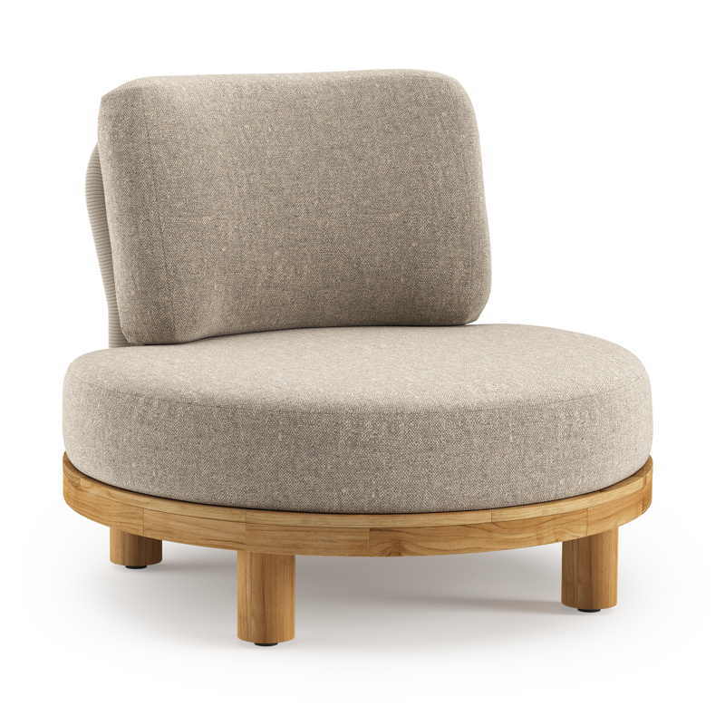 Donato loungestoel in teak en beige verticaal geweven ronde rope met all weather sunbrella® luxe Chartres Pewter kussen