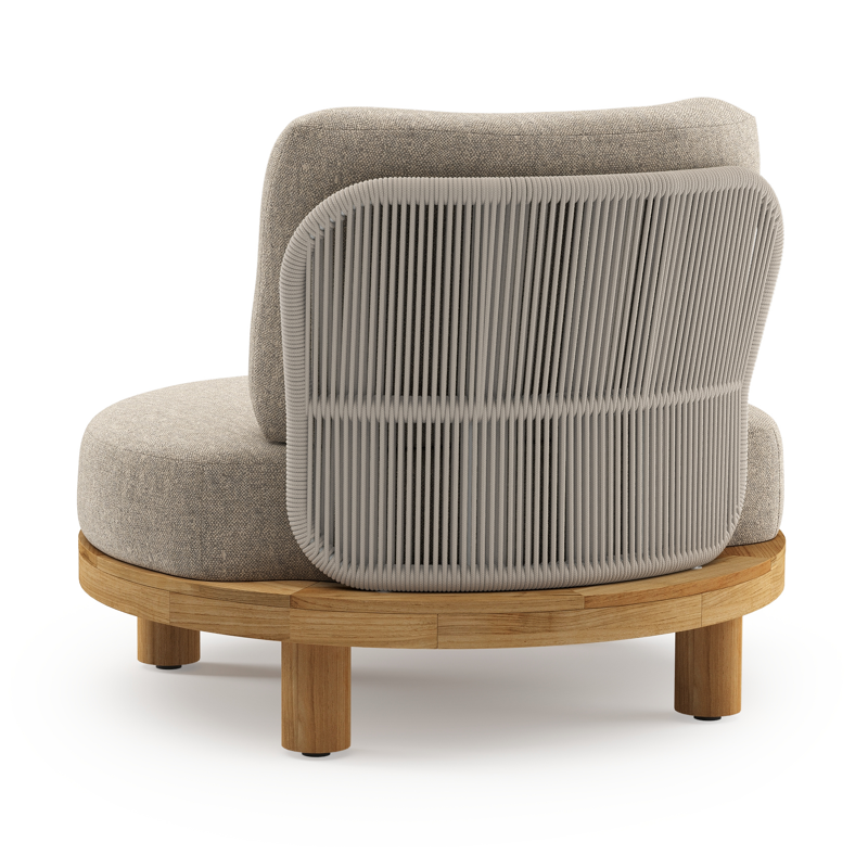 Donato loungestoel in teak en beige verticaal geweven ronde rope met all weather sunbrella® luxe Chartres Pewter kussen