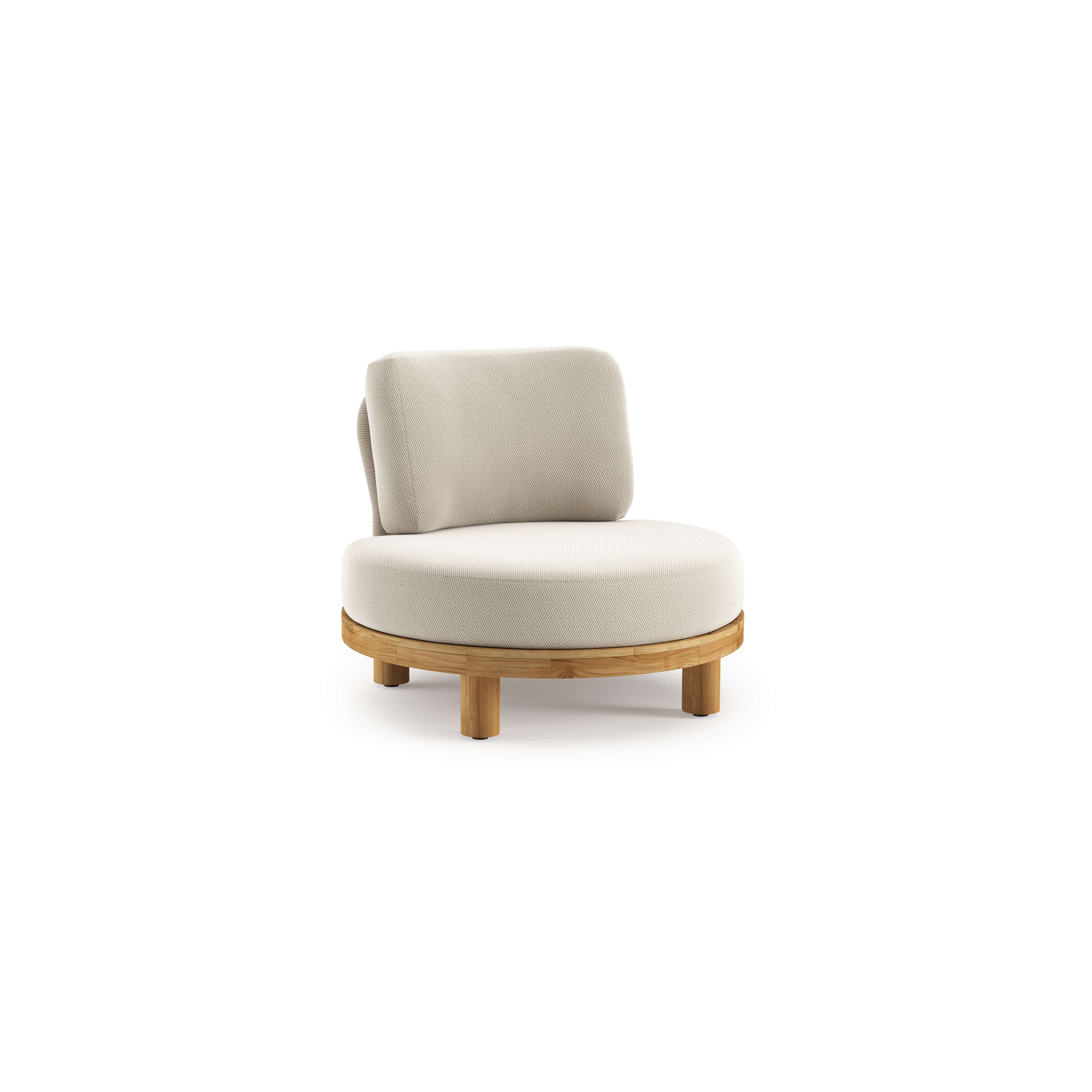Donato loungestoel in teak en beige verticaal geweven ronde rope met all weather sunbrella® luxe Lopi Marble kussen