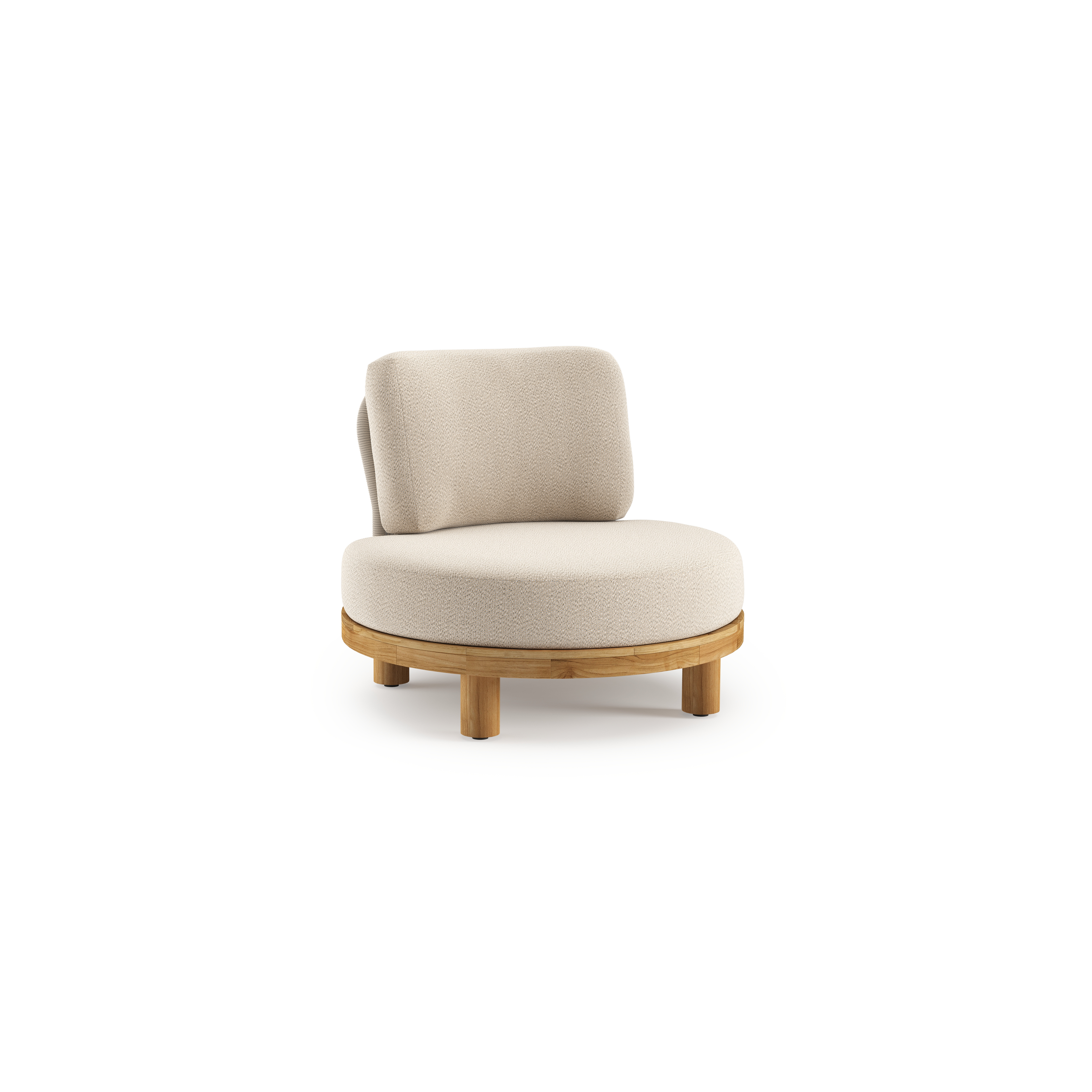 Donato loungestoel in teak en beige verticaal geweven ronde rope met all weather sunbrella® luxe Lopi Sand kussen