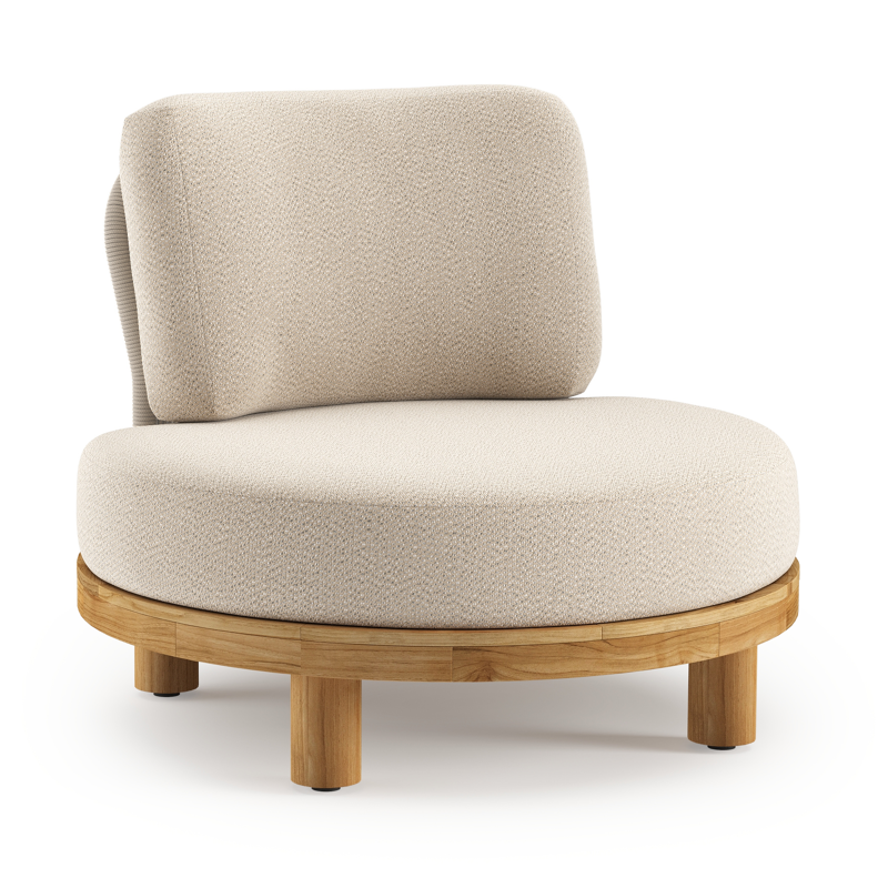 Donato loungestoel in teak en beige verticaal geweven ronde rope met all weather sunbrella® luxe Lopi Sand kussen