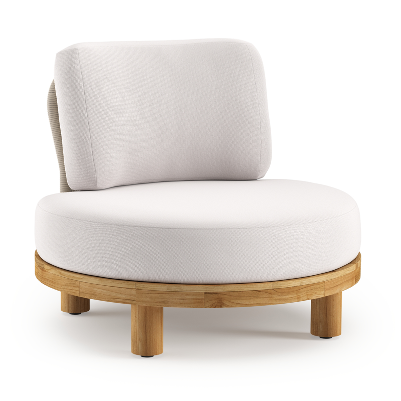 Donato loungestoel in teak en beige verticaal geweven ronde rope met all weather sunbrella® luxe Savane Whisper kussen