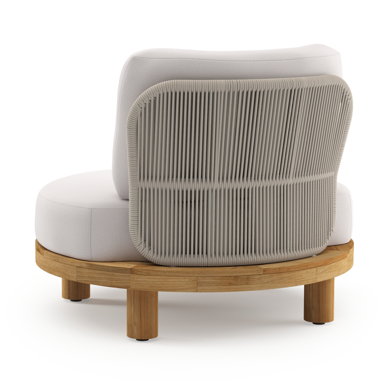 Donato loungestoel in teak en beige verticaal geweven ronde rope met all weather sunbrella® luxe Savane Whisper kussen