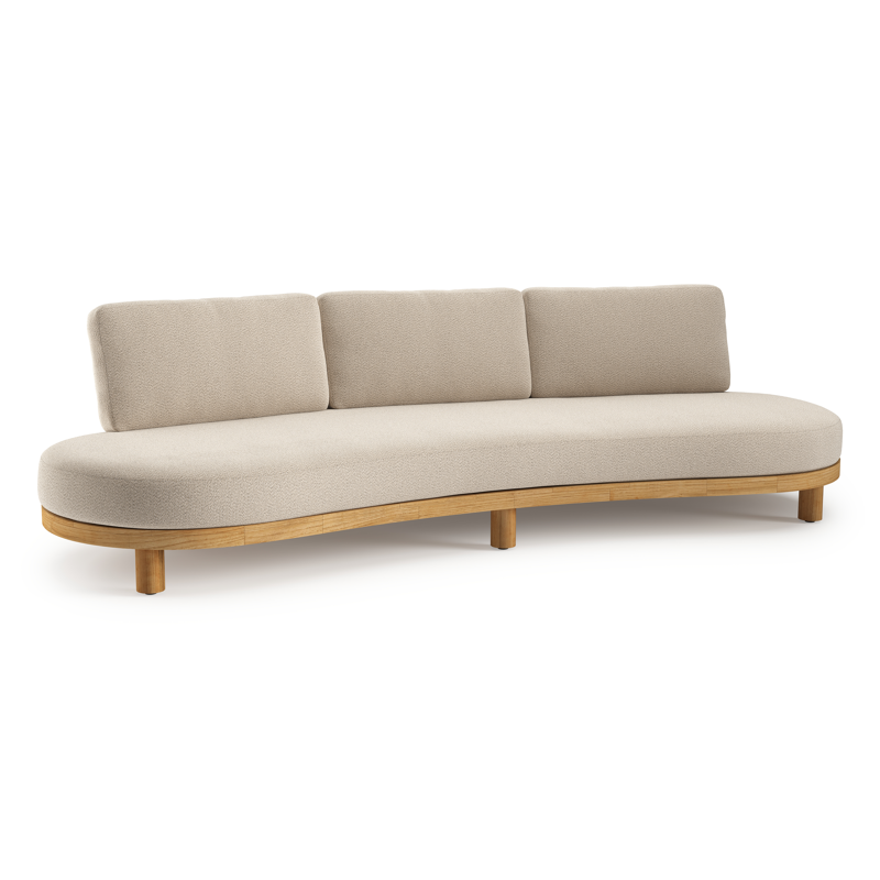 Donato loungebank in teak en beige verticaal geweven ronde rope met all weather sunbrella® luxe Lopi Sand kussen
