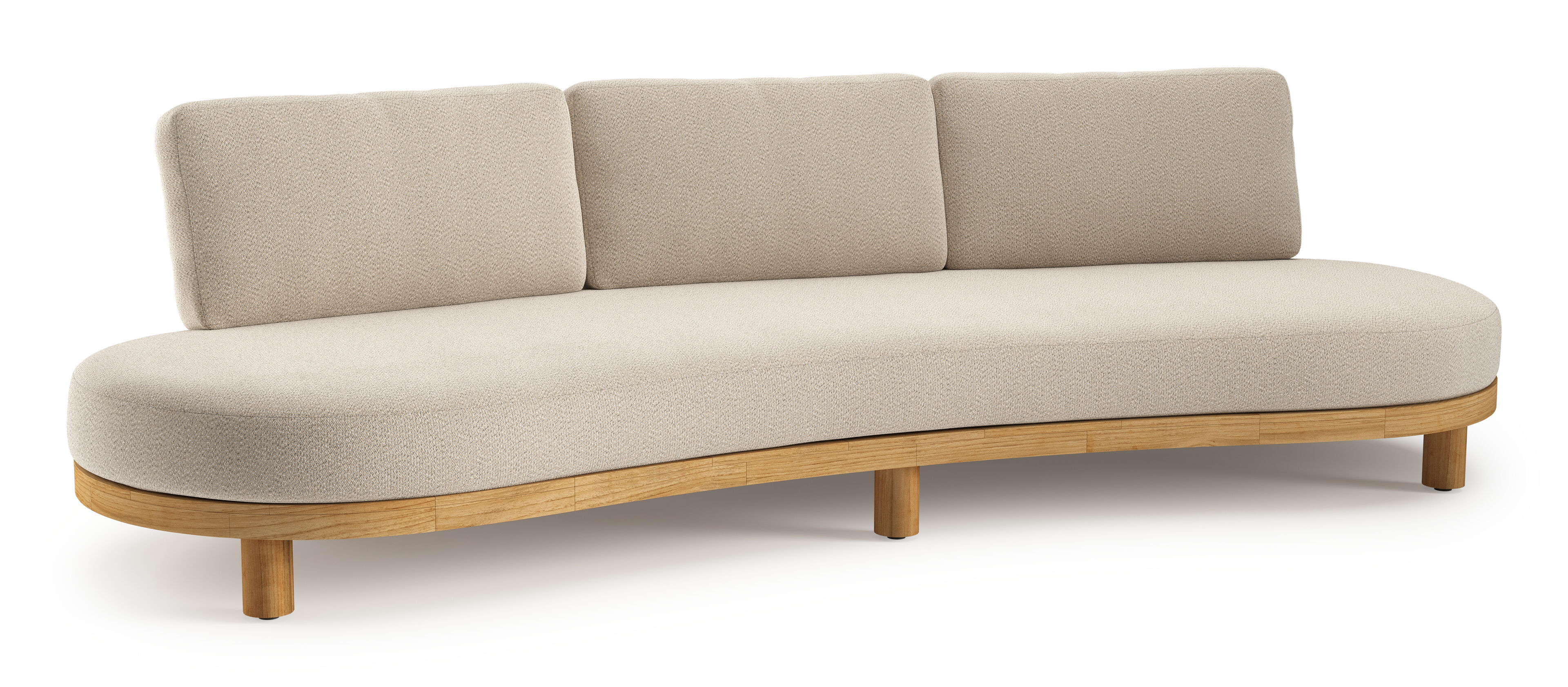 Donato loungebank in teak en beige verticaal geweven ronde rope met all weather sunbrella® luxe Lopi Sand kussen