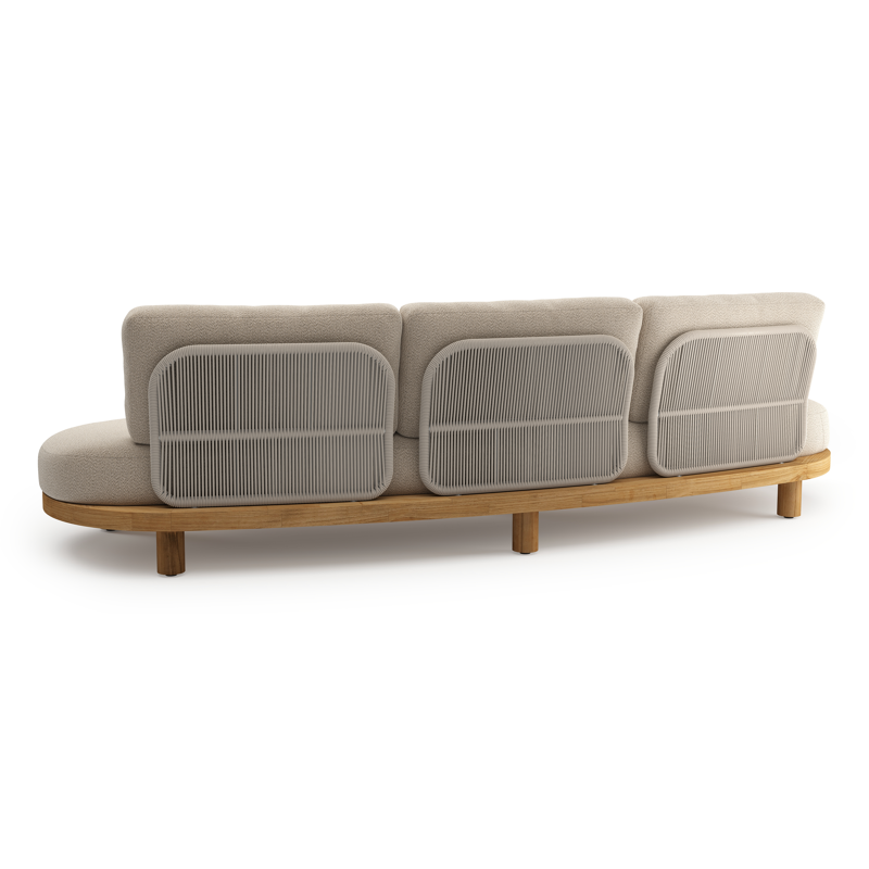 Donato loungebank in teak en beige verticaal geweven ronde rope met all weather sunbrella® luxe Lopi Sand kussen