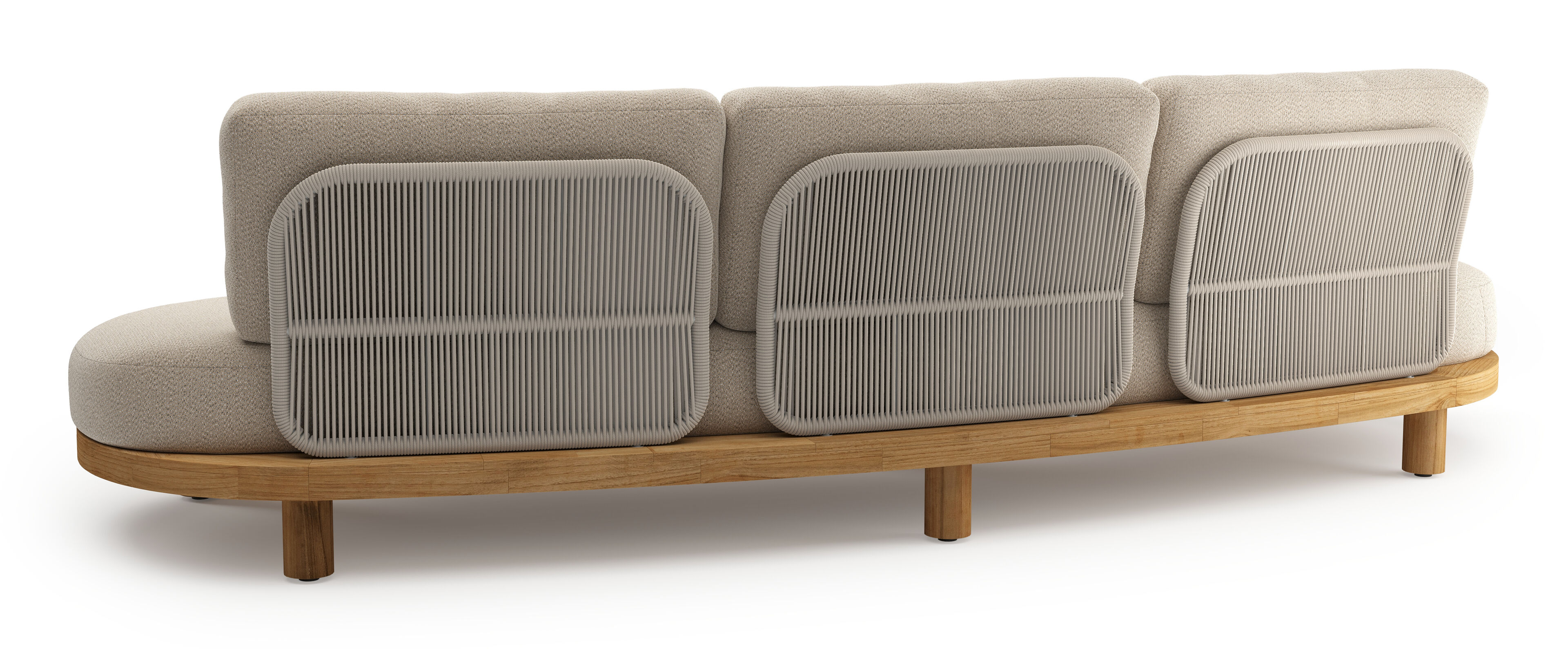 Donato loungebank in teak en beige verticaal geweven ronde rope met all weather sunbrella® luxe Lopi Sand kussen