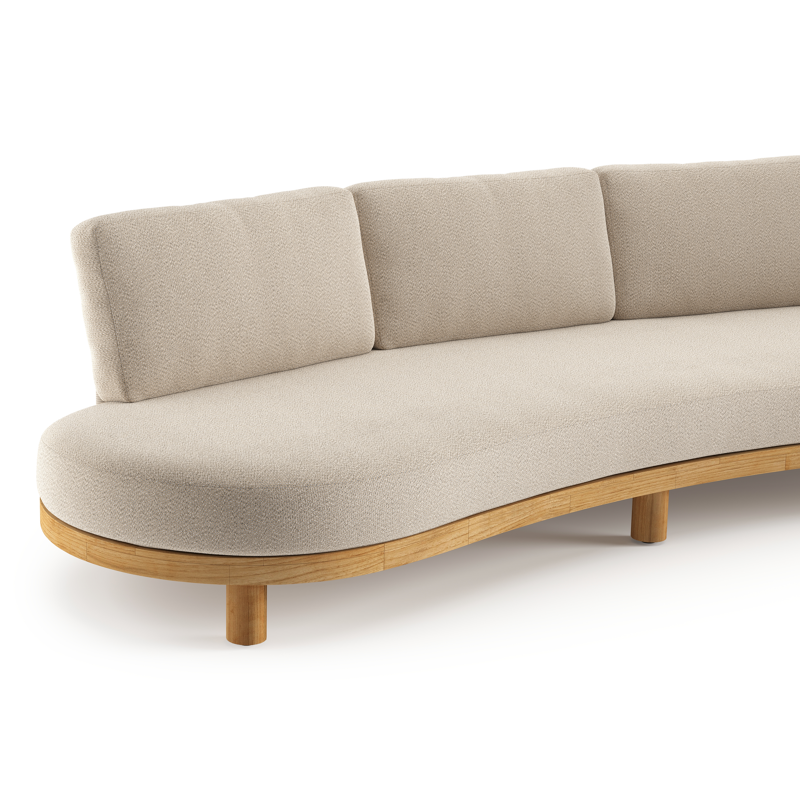 Donato loungebank in teak en beige verticaal geweven ronde rope met all weather sunbrella® luxe Lopi Sand kussen
