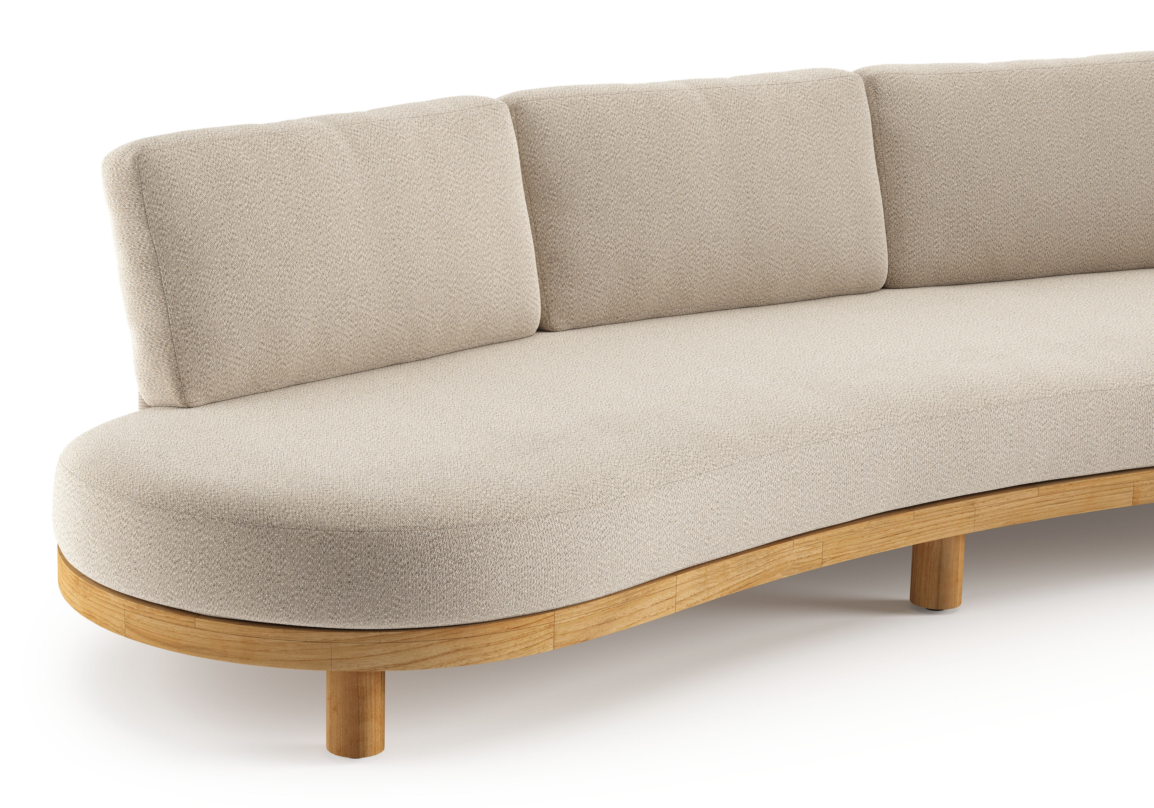 Donato loungebank in teak en beige verticaal geweven ronde rope met all weather sunbrella® luxe Lopi Sand kussen