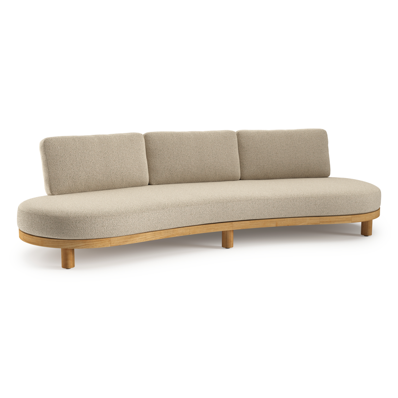 Donato loungebank in teak en beige verticaal geweven ronde rope met all weather cosytica Bora Forest kussen