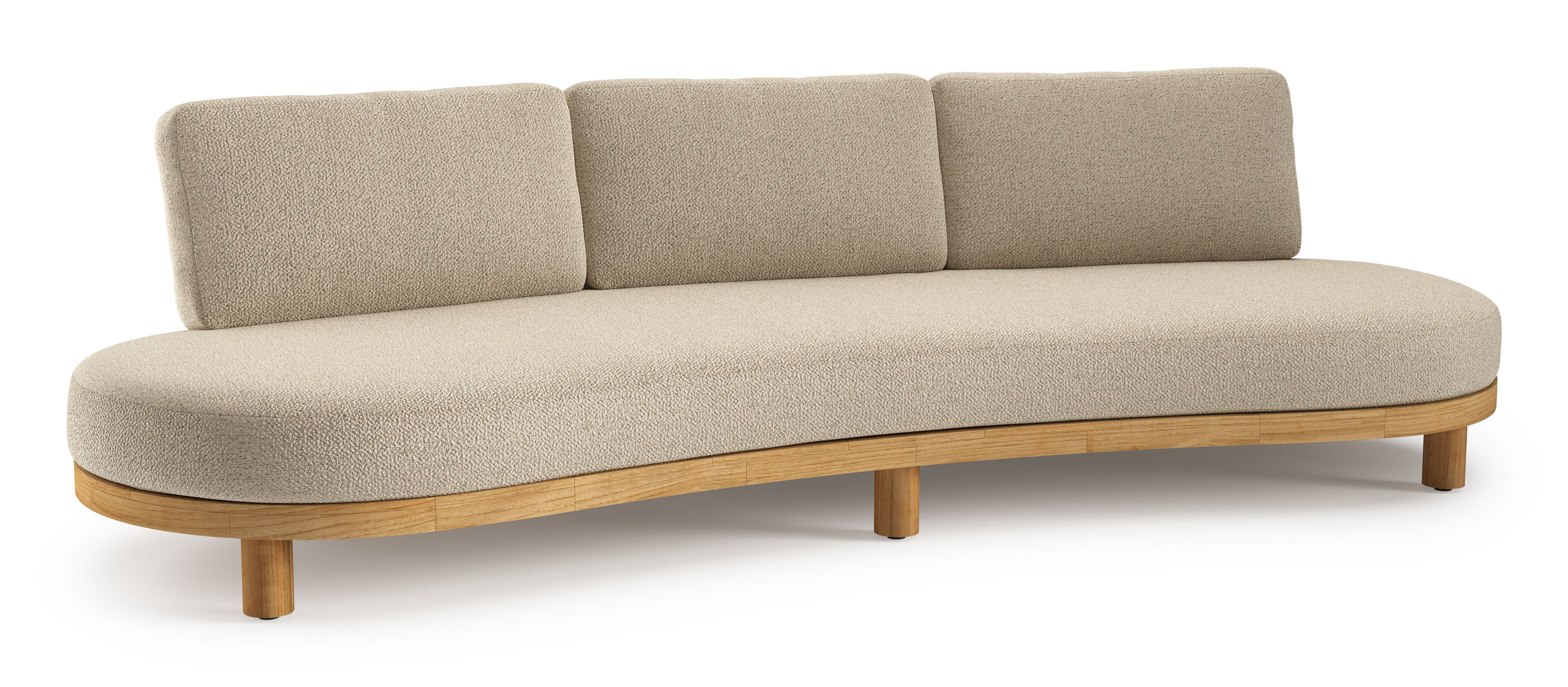 Donato loungebank in teak en beige verticaal geweven ronde rope met all weather cosytica Bora Forest kussen