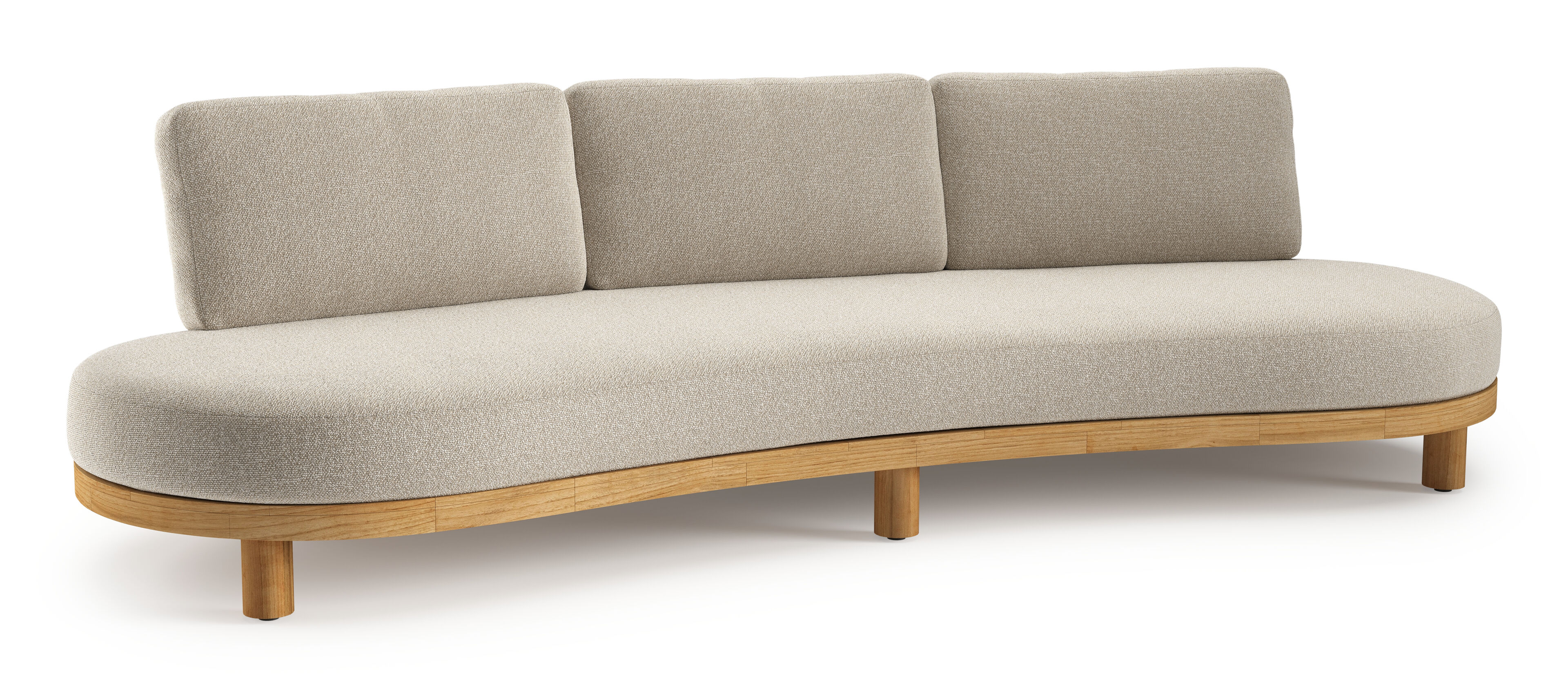 Donato loungebank in teak en beige verticaal geweven ronde rope met all weather cosytica Marbella Ecru kussen