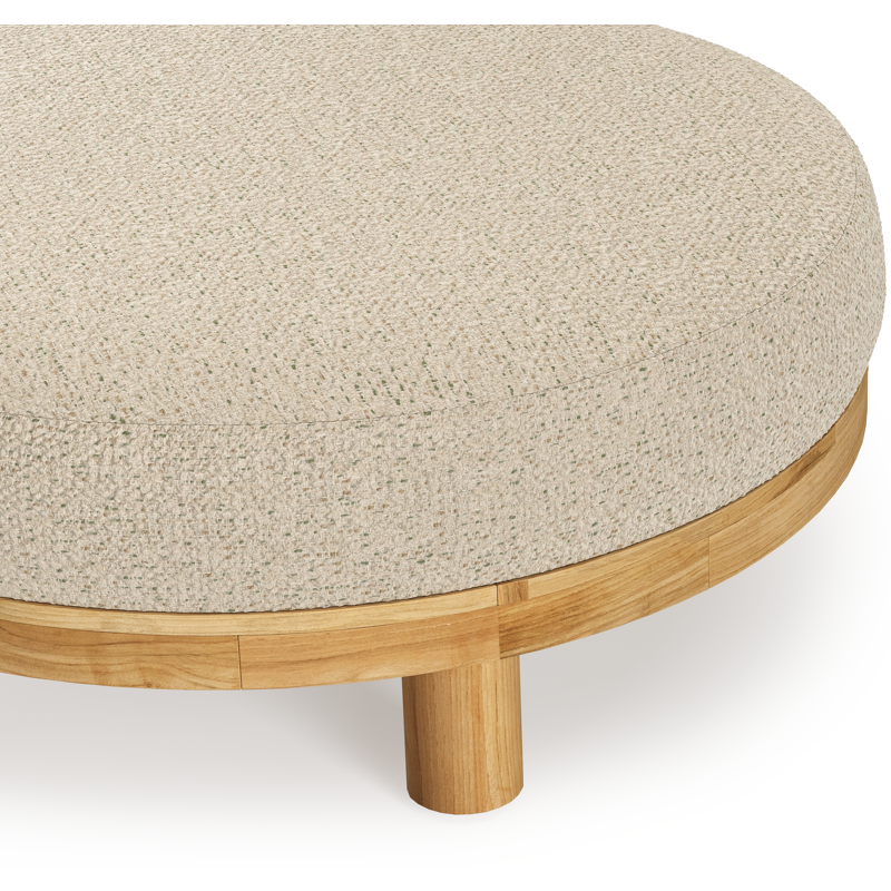 Salon de jardin pouf Donato en teck et corde ronde tissée verticalement beige et coussins en all weather cosytica Bora Forest