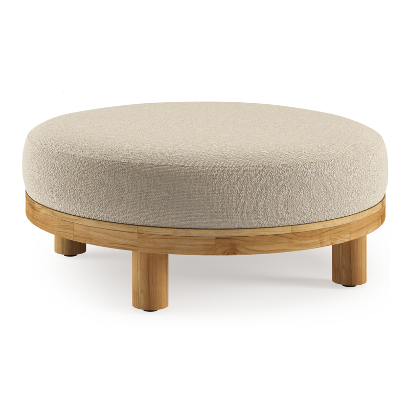 Donato lounge poef in teak en beige verticaal geweven ronde rope met all weather cosytica Marbella Sand kussen