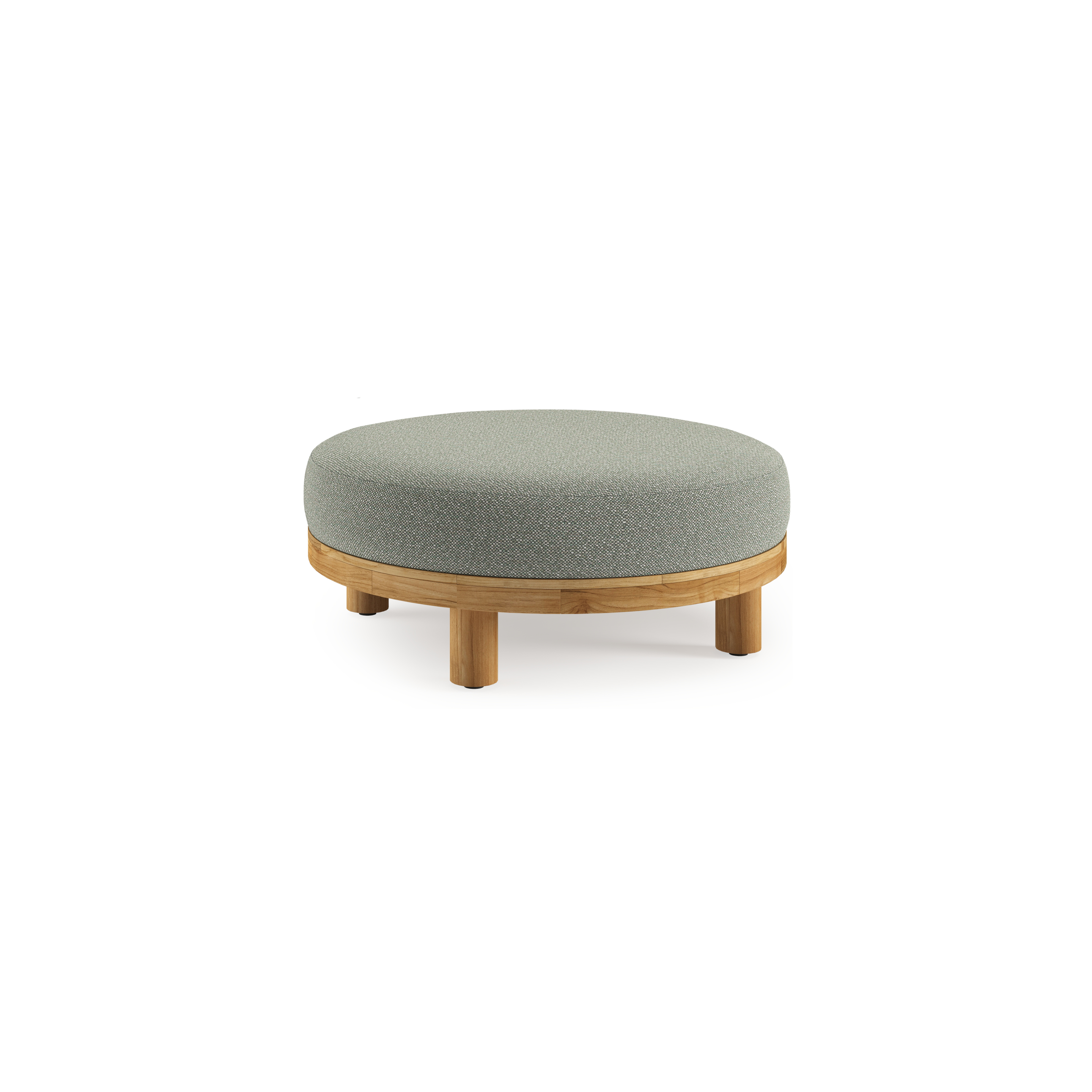 Donato lounge poef in teak en beige verticaal geweven ronde rope met all weather sunbrella® luxe Savane Leaf kussen