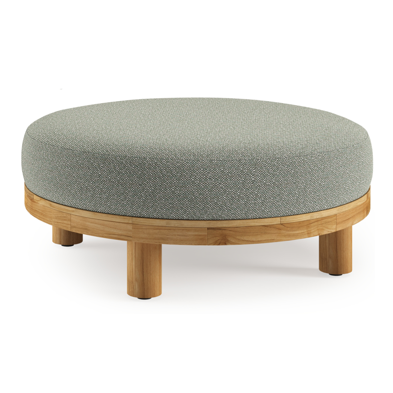 Donato lounge poef in teak en beige verticaal geweven ronde rope met all weather sunbrella® luxe Savane Leaf kussen