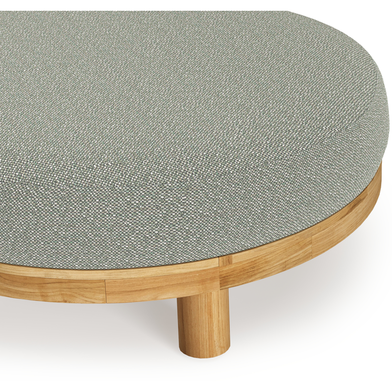 Donato lounge poef in teak en beige verticaal geweven ronde rope met all weather sunbrella® luxe Savane Leaf kussen