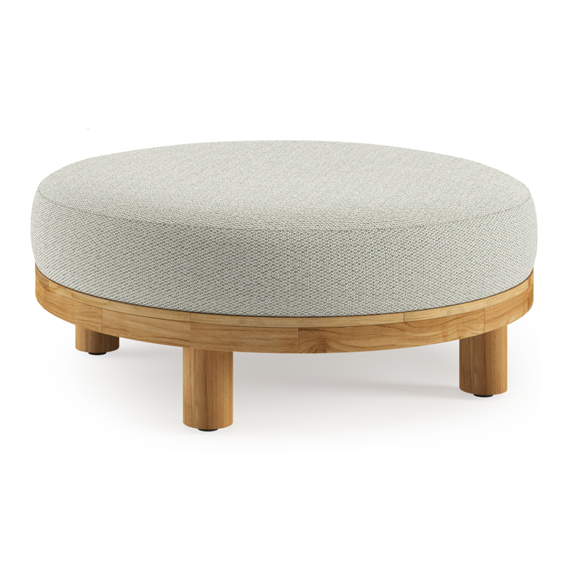 Salon de jardin pouf Donato en teck et corde ronde tissée verticalement beige et coussins en all weather sunbrella® luxe Lopi Bud